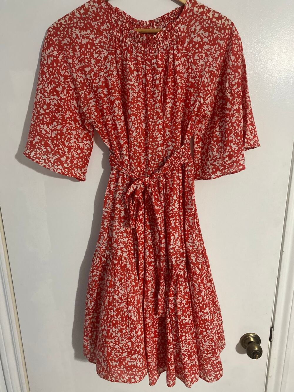 Mirth tiered dress women’s size S red white print cotton